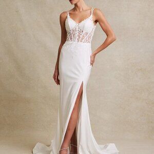 Wedding dress.Off white mermaid open back bridal gown. Destination church garden
